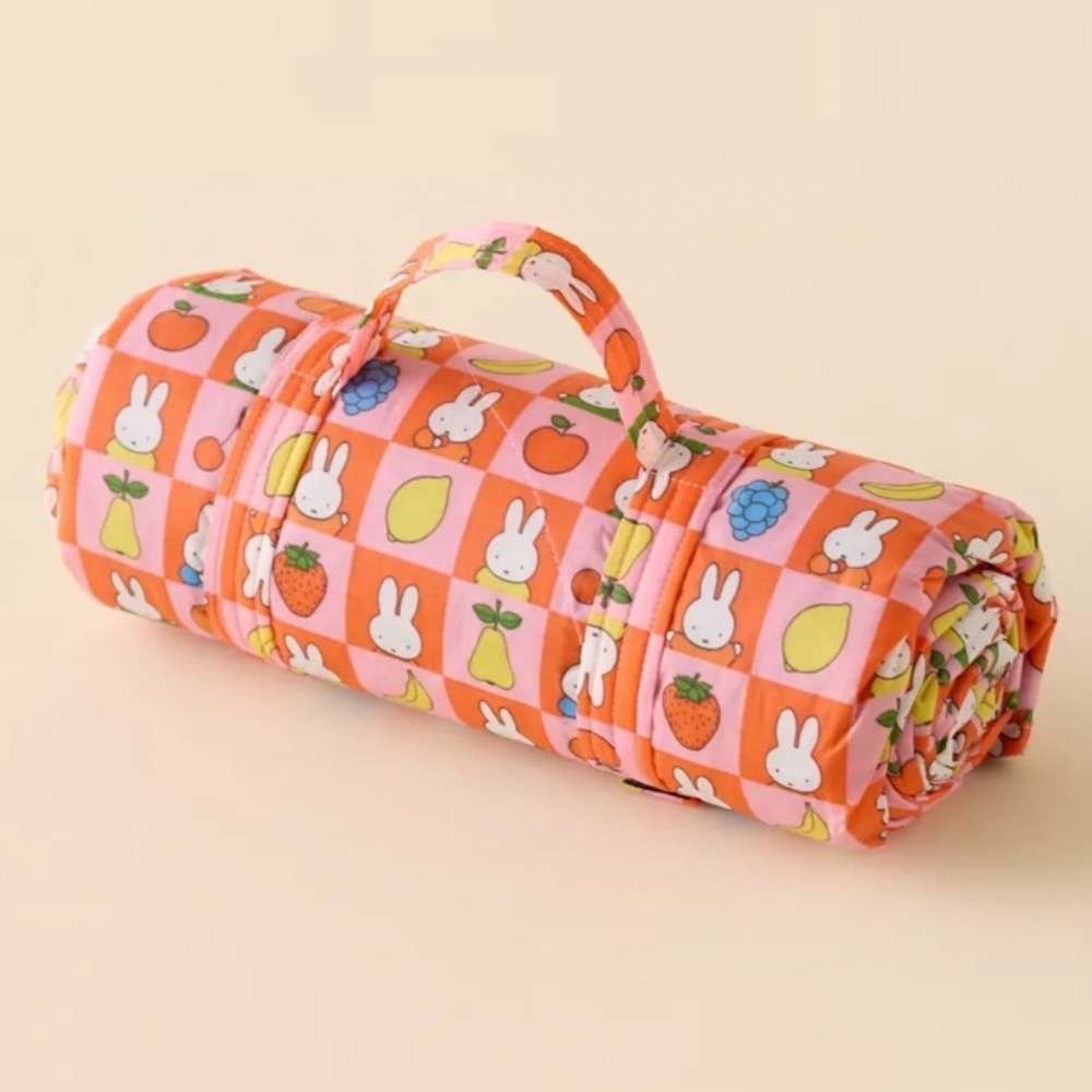 Rate Baggu Miffy Puffy Picnic Blanket Pink Orange Checkered Fruit Print New